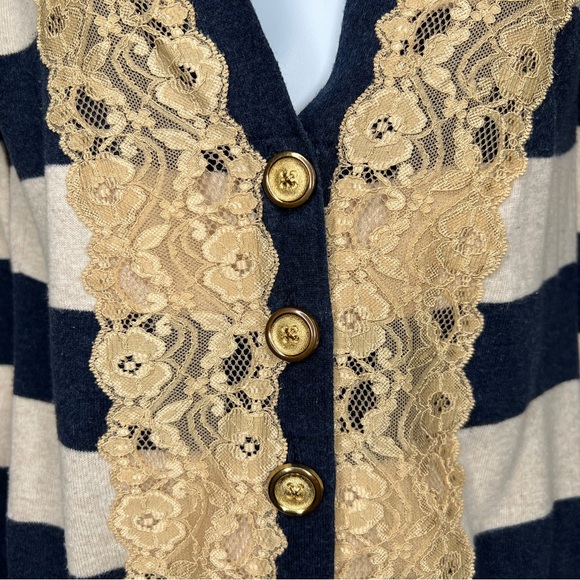 ANTHROPOLOGIE / CHARLOTTE Navy & Oatmeal Stripe Cardigan with Lace Trim - Sz M - Picture 3 of 9